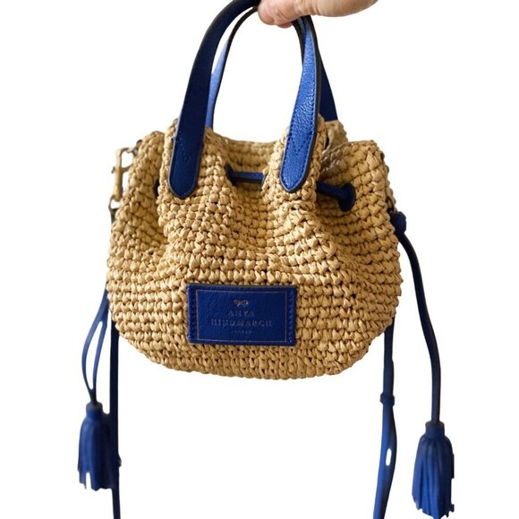 Anya Hindmarch Raffia Drawstring Tote Sz Small in Electric Blue Leather Tassels - Picture 1 of 16